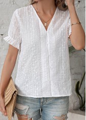 White tops,Plain Color tops,Button White V Neck Short Sleeve Blouse