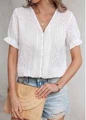 White tops,Plain Color tops,Button White V Neck Short Sleeve Blouse