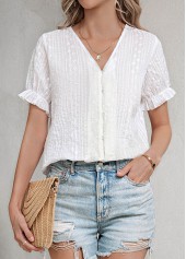 White tops,Plain Color tops,Button White V Neck Short Sleeve Blouse