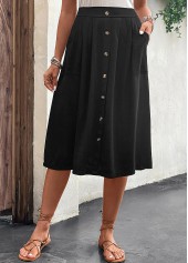 Button Black Elastic Waist A Line Skirt