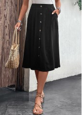 Black bottoms,Plain Color bottoms,Button Black Elastic Waist A Line Skirt