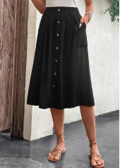 Black bottoms,Plain Color bottoms,Button Black Elastic Waist A Line Skirt