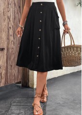 Black bottoms,Plain Color bottoms,Button Black Elastic Waist A Line Skirt