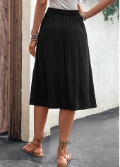 Black bottoms,Plain Color bottoms,Button Black Elastic Waist A Line Skirt