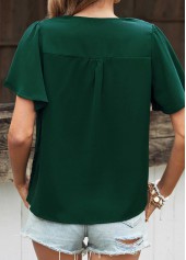 Turquoise tops,Plain Color tops,Button Detail Turquoise V Neck Blouse