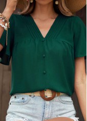 Turquoise tops,Plain Color tops,Button Detail Turquoise V Neck Blouse