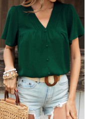 Turquoise tops,Plain Color tops,Button Detail Turquoise V Neck Blouse