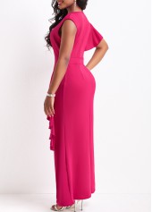Hot Pink dresses,Plain Color dresses,Ruffle Hot Pink Round Neck Dress