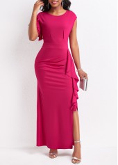 Hot Pink dresses,Plain Color dresses,Ruffle Hot Pink Round Neck Dress