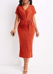 Ruched Patchwork Red Belted V Neck Bodycon Dress