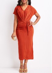 Red dresses,Plain Color dresses,Ruched Patchwork Red Belted V Neck Bodycon Dress