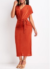 Red dresses,Plain Color dresses,Ruched Patchwork Red Belted V Neck Bodycon Dress