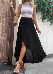 Black bottoms,Plain Color bottoms,Asymmetry Black Elastic Waist A Line Skirt