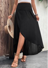 Black bottoms,Plain Color bottoms,Asymmetry Black Elastic Waist A Line Skirt