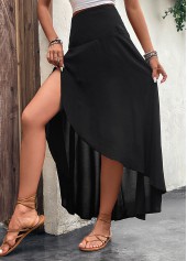 Black bottoms,Plain Color bottoms,Asymmetry Black Elastic Waist A Line Skirt