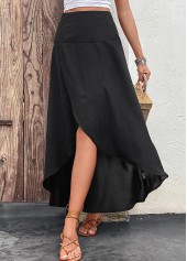 Black bottoms,Plain Color bottoms,Asymmetry Black Elastic Waist A Line Skirt