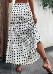 White bottoms,Dot bottoms,Ruched Polka Dot White Elastic Waist Skirt