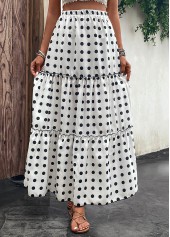 White bottoms,Dot bottoms,Ruched Polka Dot White Elastic Waist Skirt