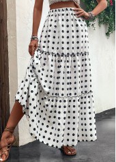 White bottoms,Dot bottoms,Ruched Polka Dot White Elastic Waist Skirt