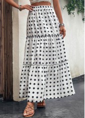 White bottoms,Dot bottoms,Ruched Polka Dot White Elastic Waist Skirt