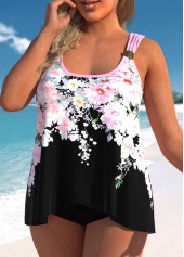 Pink plus size,Black plus size,Floral plus size,ROTITA Plus Size Cross Hem Floral Print Tankini Top