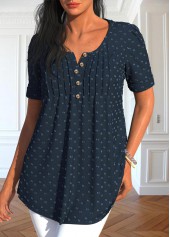 Navy tops,Plain Color tops,ROTITA Tuck Stitch Navy Split Neck Short Sleeve Blouse