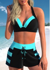 Schwarz gestreiftes Rotita-Patchwork-Bikini-Set mit hoher Taille