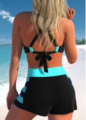 Black swimwear,Cyan swimwear,Striped swimwear,Geometric swimwear,ROTITA Patchwork Black Striped High Waisted Bikini Set