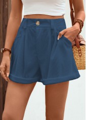 Blue bottoms,Plain Color bottoms,Pocket Blue Button Fly High Waisted Shorts