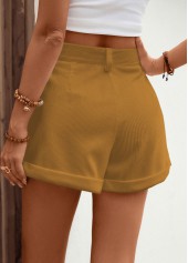 Dark Camel bottoms,Plain Color bottoms,Pocket Dark Camel Button Fly High Waisted Shorts