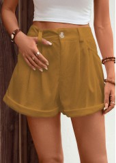 Dark Camel bottoms,Plain Color bottoms,Pocket Dark Camel Button Fly High Waisted Shorts