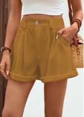 Dark Camel bottoms,Plain Color bottoms,Pocket Dark Camel Button Fly High Waisted Shorts