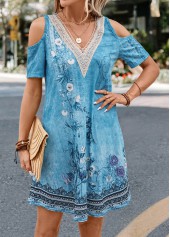 Denim Blue dresses,Floral dresses,Plants dresses,Patchwork Floral Print Denim Blue A Line Dress