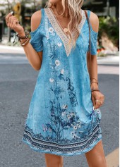 Patchwork Floral Print Denim Blue A Line Dress