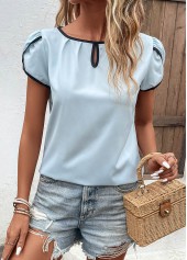 Cut Out Light Blue Round Neck T Shirt