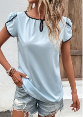 Light Blue tops,Plain Color tops,Cut Out Light Blue Round Neck T Shirt