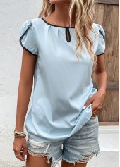 Light Blue tops,Plain Color tops,Cut Out Light Blue Round Neck T Shirt