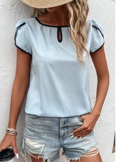 Light Blue tops,Plain Color tops,Cut Out Light Blue Round Neck T Shirt