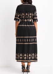Black dresses,Tribal dresses,Geometric dresses,Button Tribal Print Black Belted Half Sleeve Dress
