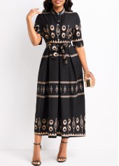 Black dresses,Tribal dresses,Geometric dresses,Button Tribal Print Black Belted Half Sleeve Dress