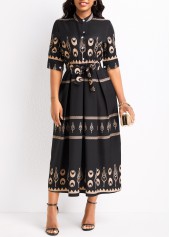 Button Tribal Print Black Belted Half Sleeve Dress