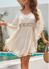 Beige swimwear,Plain Color swimwear,Patchwork Tassel Detail Beige Cover Up