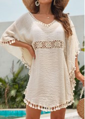 Beige swimwear,Plain Color swimwear,Patchwork Tassel Detail Beige Cover Up