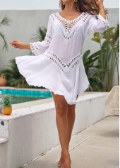 White swimwear,Plain Color swimwear,Breathable Hollow V Neck White Cover Up