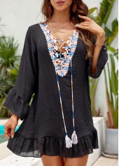 Black swimwear,Plain Color swimwear,Patchwork V Neck Black Cover Up