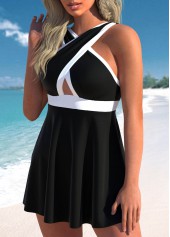 Black swimwear,Contrast Color swimwear,ROTITA Patchwork Criss Cross Neck Black Swimdress Top