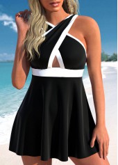 Patchwork Criss Cross Neck Black Swimdress Set