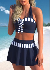Blue swimwear,White swimwear,Striped swimwear,Geometric swimwear,ROTITA Patchwork Blue Striped High Waisted Bikini Set