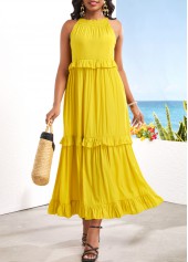 Yellow dresses,Plain Color dresses,Ruched Tie Back Yellow Sleeveless Maxi Dress