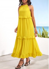 Yellow dresses,Plain Color dresses,Ruched Tie Back Yellow Sleeveless Maxi Dress